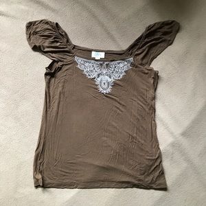 Brown Embroidered Ruffle Cap Sleeve Boho Top LOFT